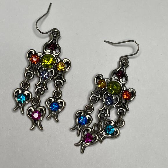 Chico's earrings chandelier dangle pierced silver tone burnished multi colored - Picture 1 of 9